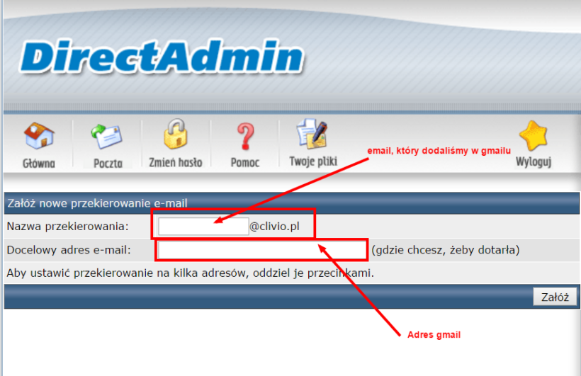 DirectAdmin - przekierowania e-mail